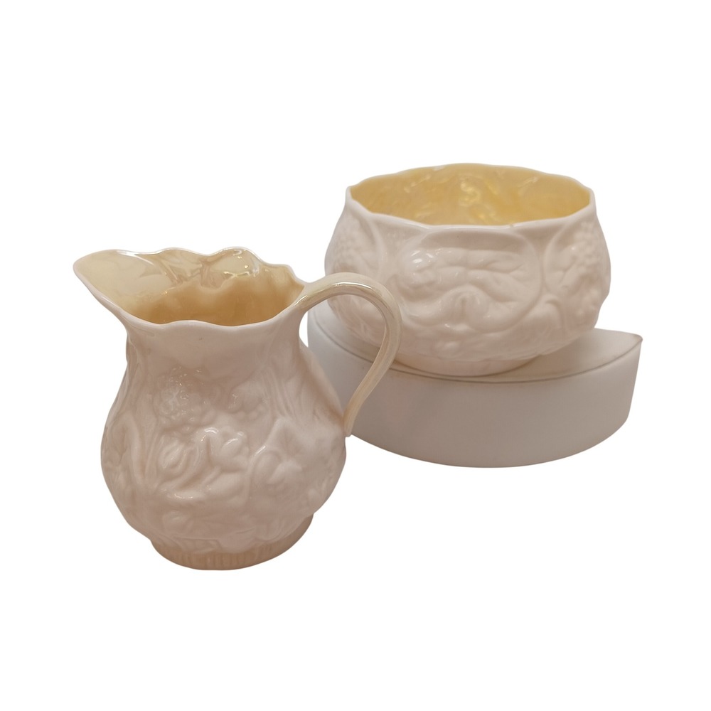 Belleek Ireland Neptune Creamer and Sugar Bowl Set Yellow Luster Parian China